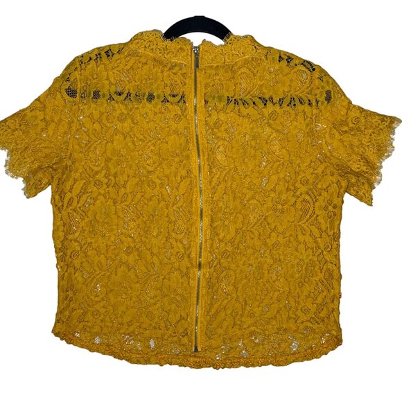 SOLD Zara Mustard Yellow Sheer Lace Short Sleeve Blouse Top SZ Medium - Picture 5 of 9